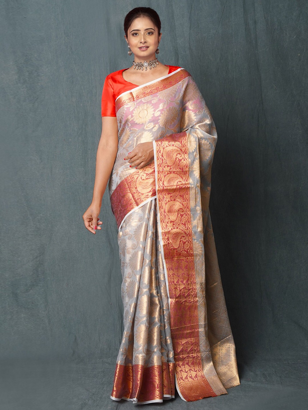 

Unnati Silks Ethnic Motifs Woven Design Zari Kota Saree, Grey