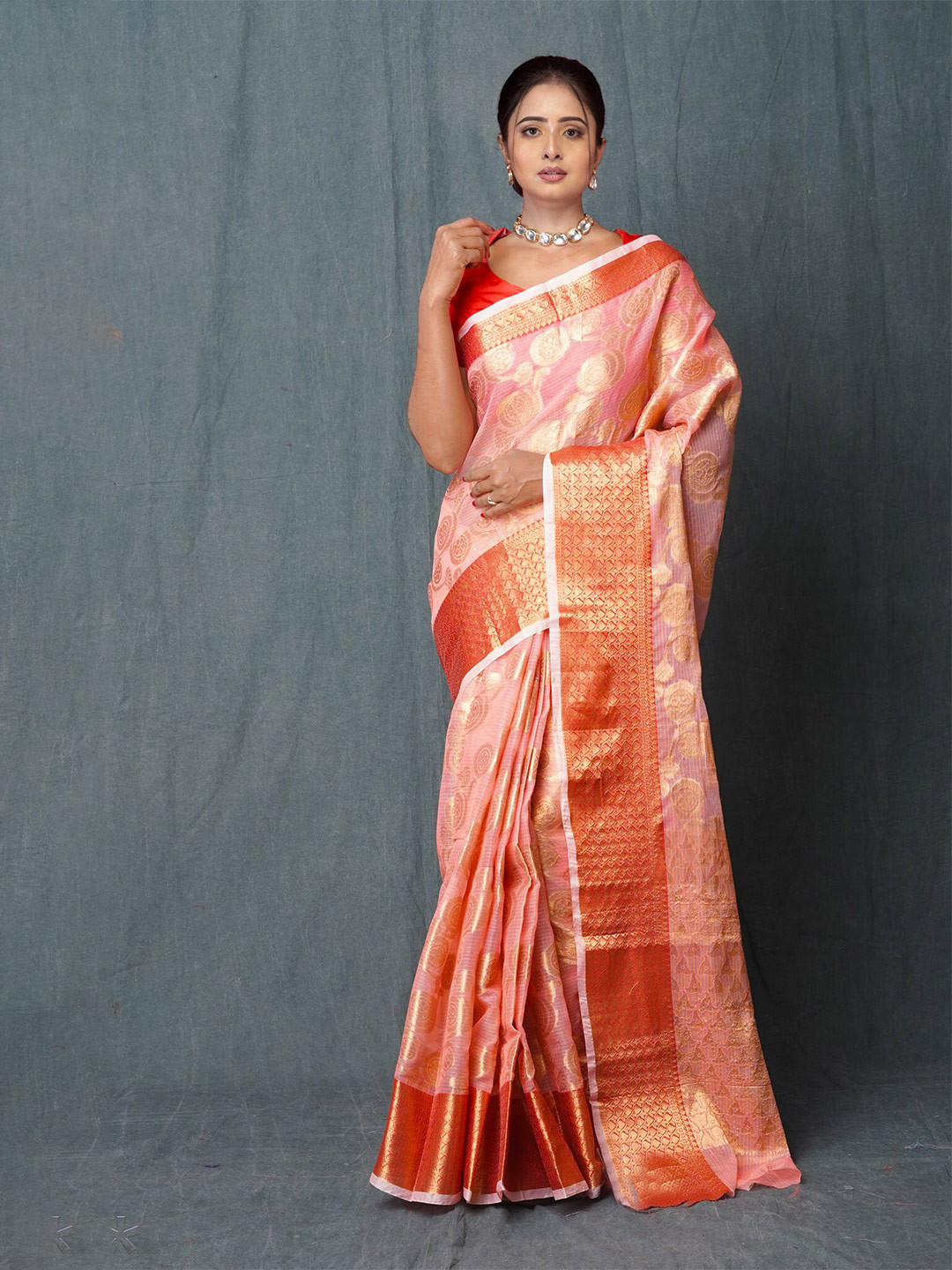 

Unnati Silks Ethnic Motifs Woven Design Silk Cotton Kota Saree, Peach