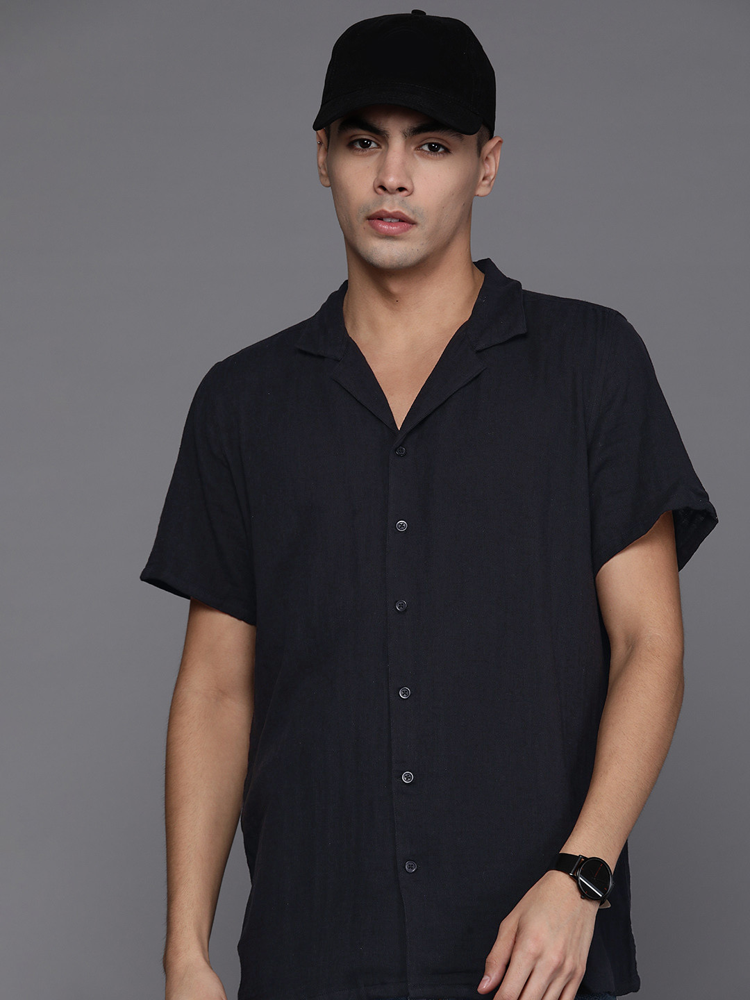 

Burton Self-Striped Cuban Collar Pure Cotton Casual Shirt, Black
