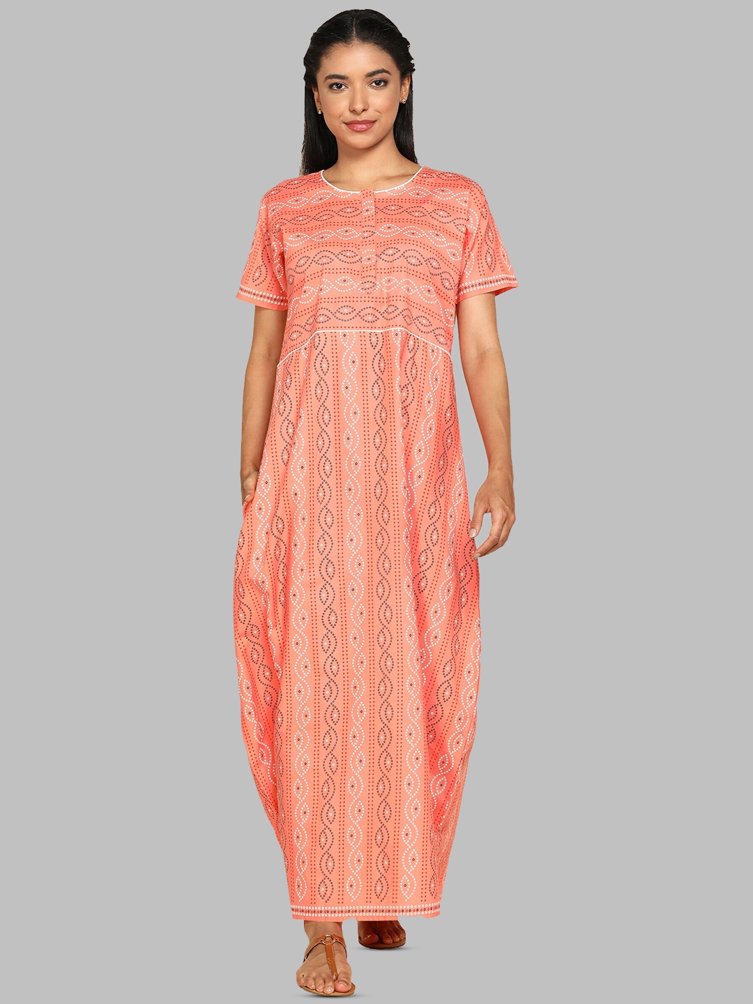 

Pranjul Geometric Printed Pure Cotton Maxi Nightdress, Beige