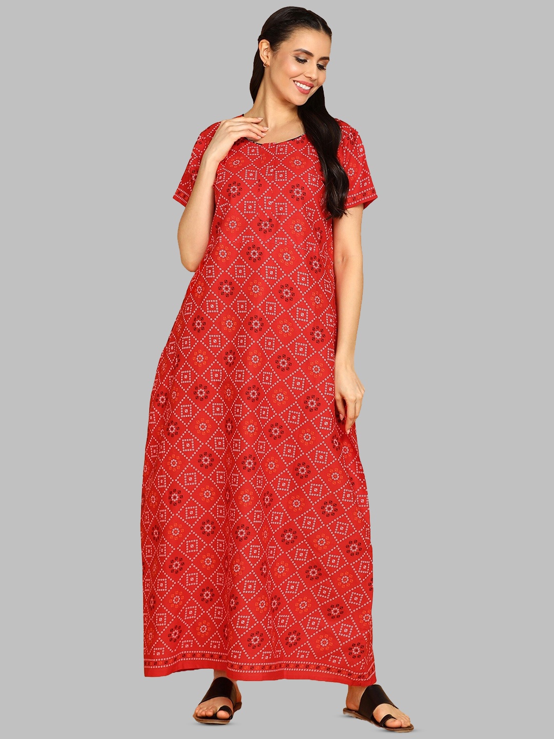 

Pranjul Geometric Printed Pure Cotton Maxi Nightdress, Red