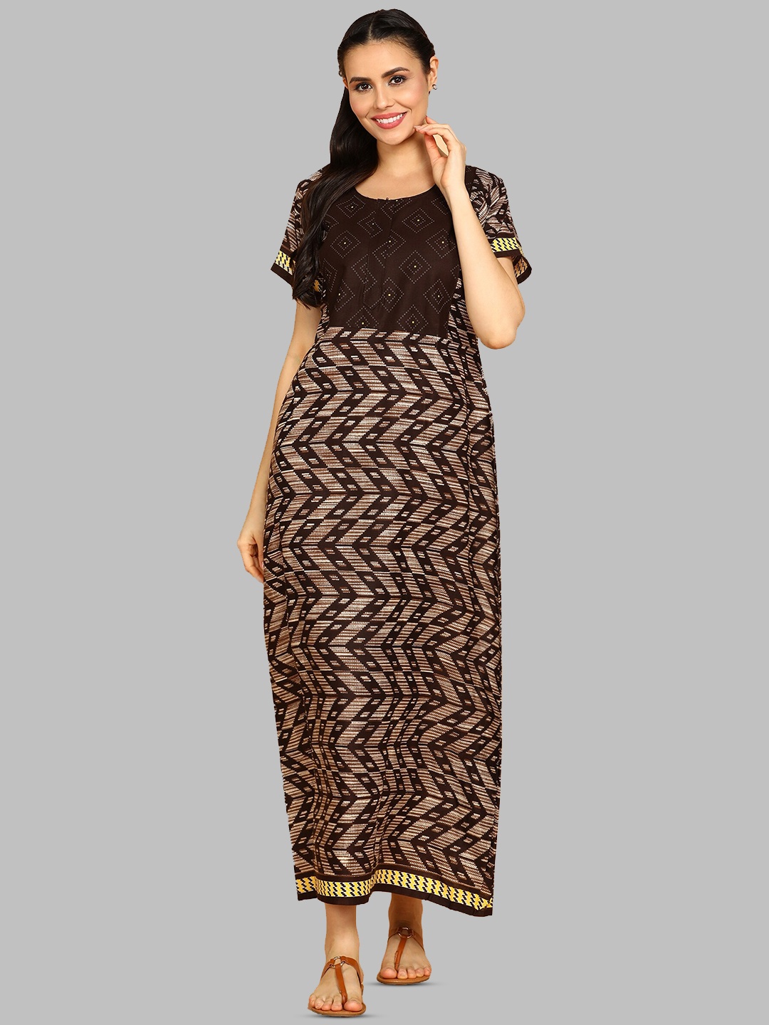 

Pranjul Geometric Printed Pure Cotton Maxi Nightdress, Brown