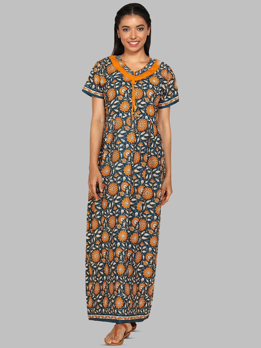 

Pranjul Floral Printed Pure Cotton Maxi Nightdress, Navy blue
