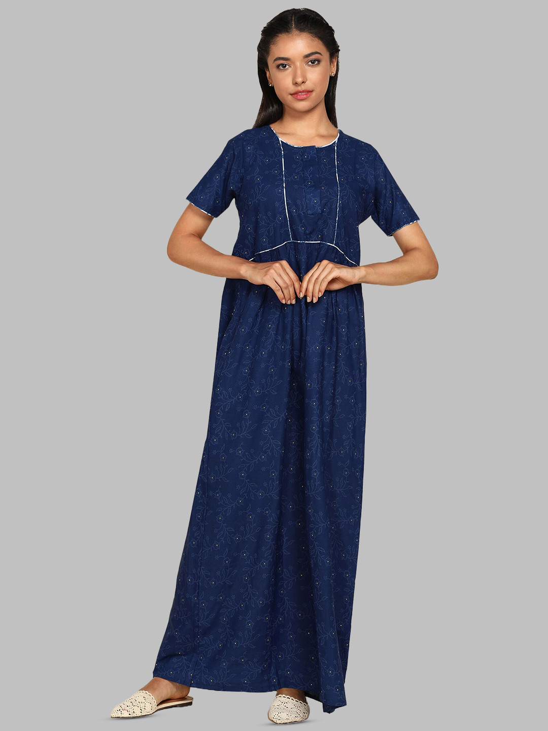 

Pranjul Floral Printed Pure Cotton Maxi Nightdress, Navy blue
