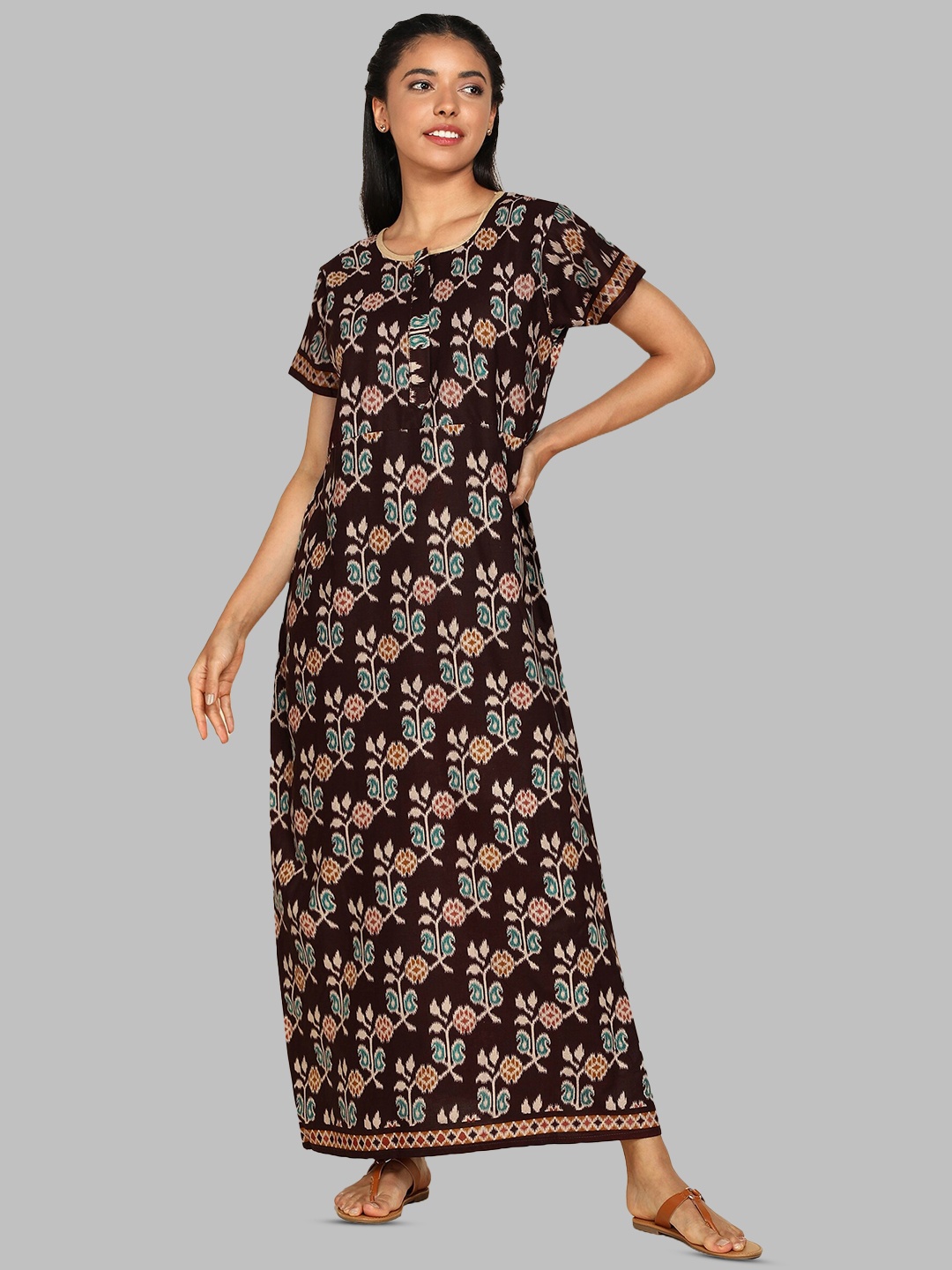 

Pranjul Geometric Printed Pure Cotton Maxi Nightdress, Brown