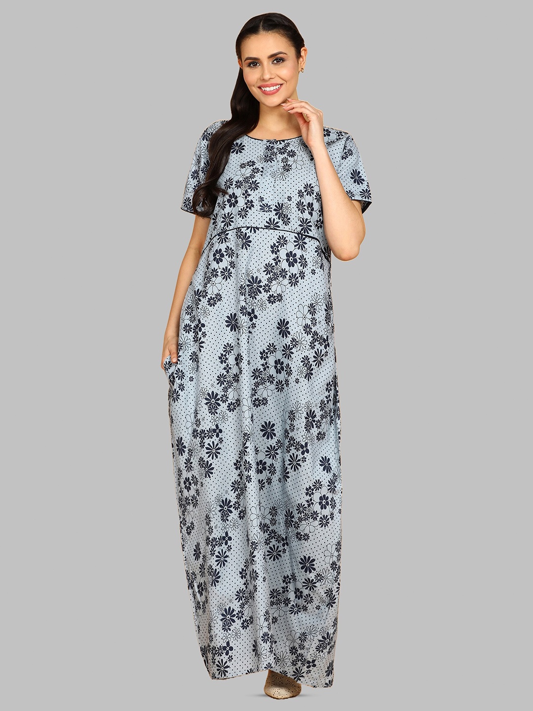 

Pranjul Floral Printed Pure Cotton Maxi Nightdress, Grey