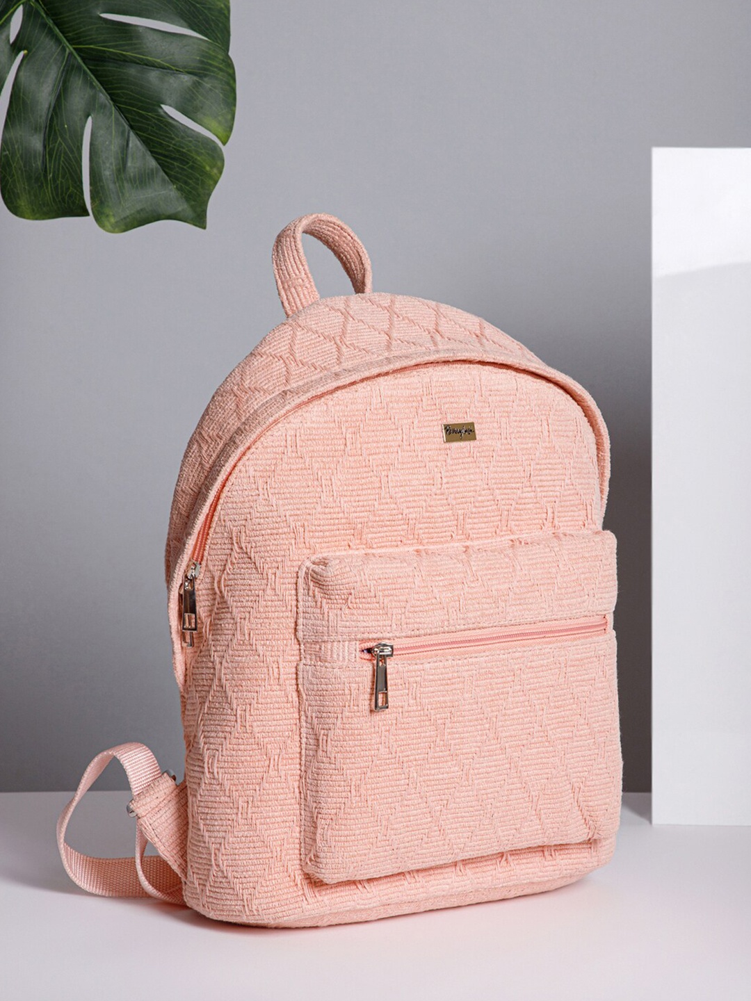 

Berrylush Pink Women Textured Fabric Backpack