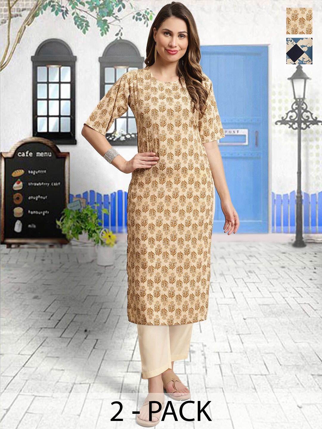 

arangya Selection Of 2 Ethnic Motifs Printed Kurta with Trousers, Beige