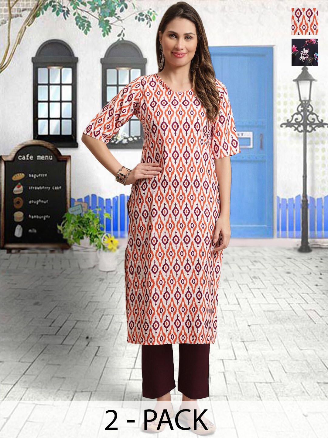 

arangya Selection Of 2 Ethnic Motifs Printed Kurta with Trousers, Red