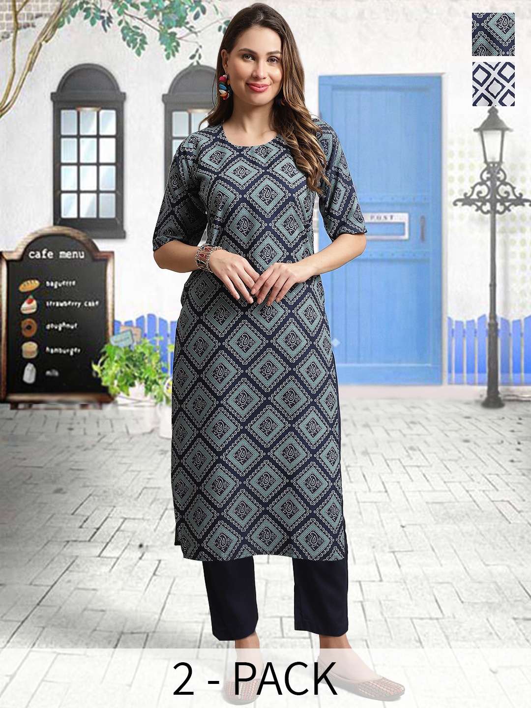

arangya Selection Of 2 Ethnic Motifs Printed Kurta with Trousers, Blue