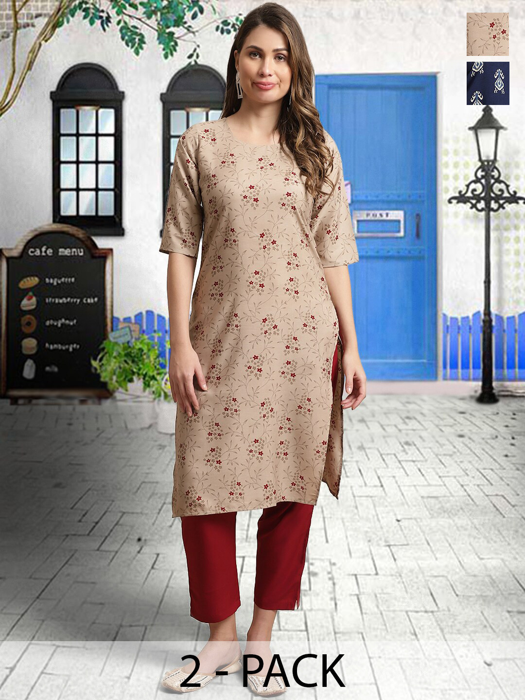 

arangya Selection Of 2 Ethnic Motifs Printed Kurta with Trousers, Beige
