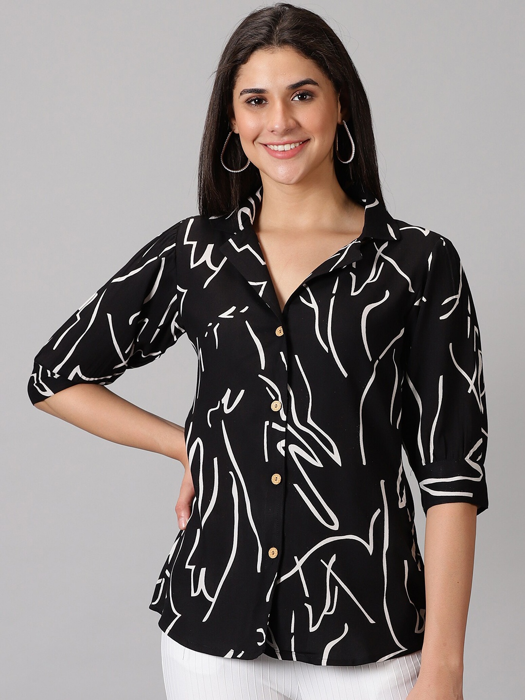 

KALINI Standard Abstract Printed Cuban Collar Casual Shirt, Black