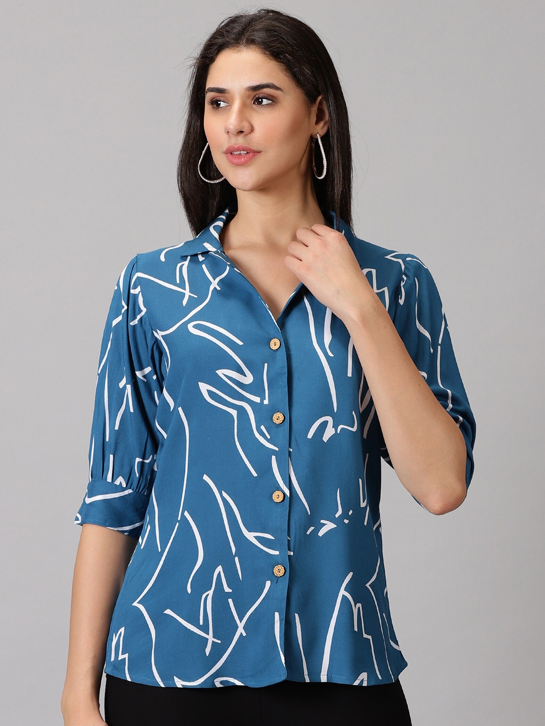 

KALINI Standard Abstract Printed Spread Collar Casual Shirt, Blue
