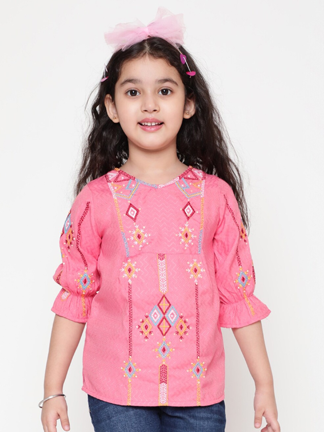 

BAESD Geometric Embroidered V-Neck Bell Sleeves Regular Top, Pink