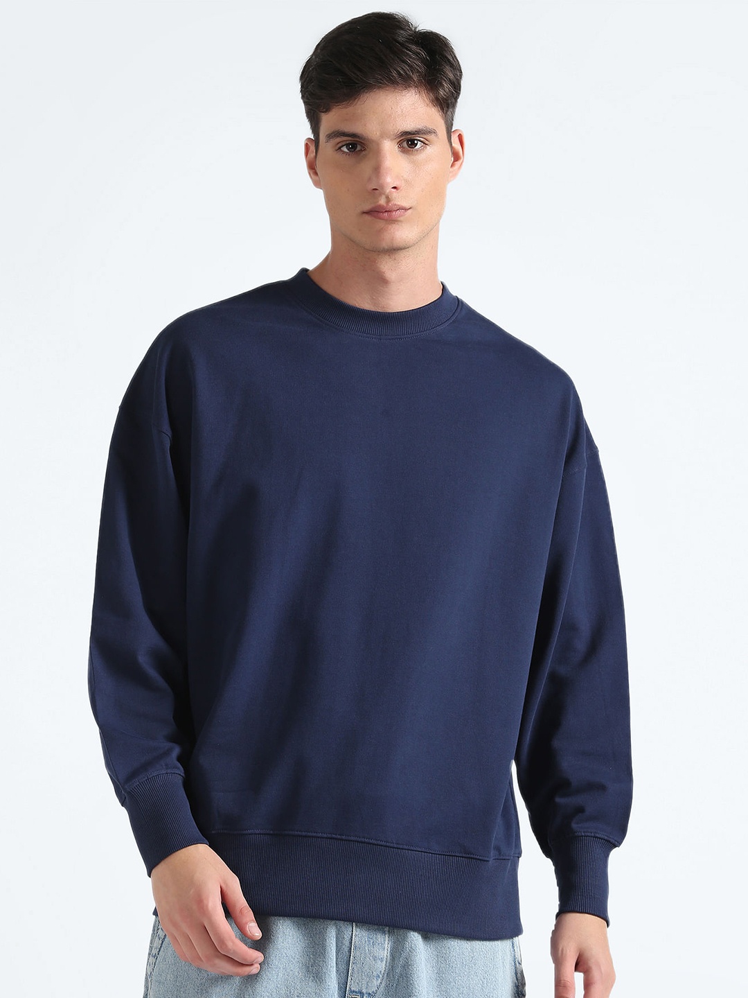 

Flying Machine Crew Neck Oversized Pure Cotton Pullover, Navy blue