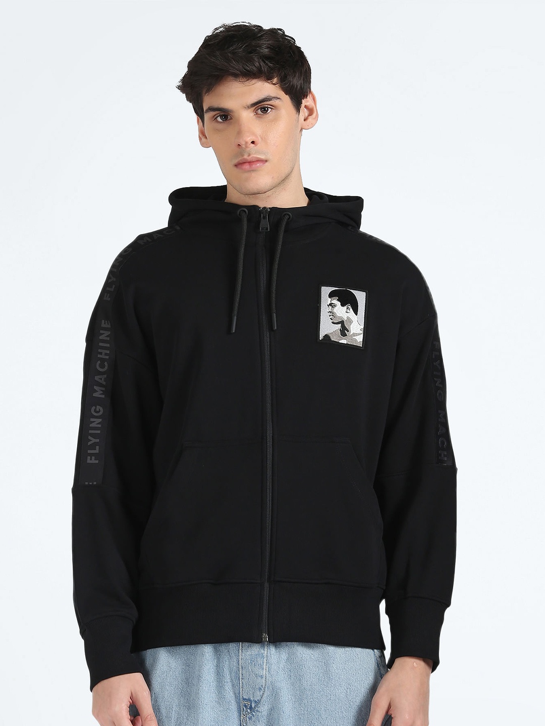 

Flying Machine Typography Printed Hooded Pure Cotton Pullover, Black