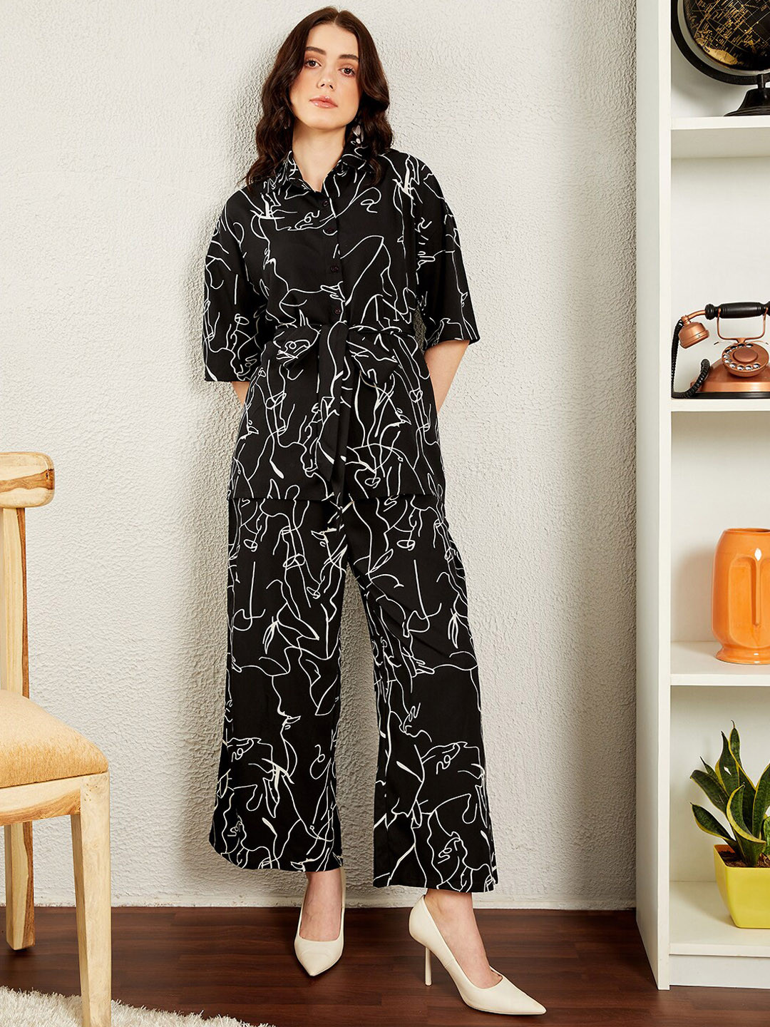 

Berrylush BIZwear Printed Shirt Collar Shirt & Trousers, Black