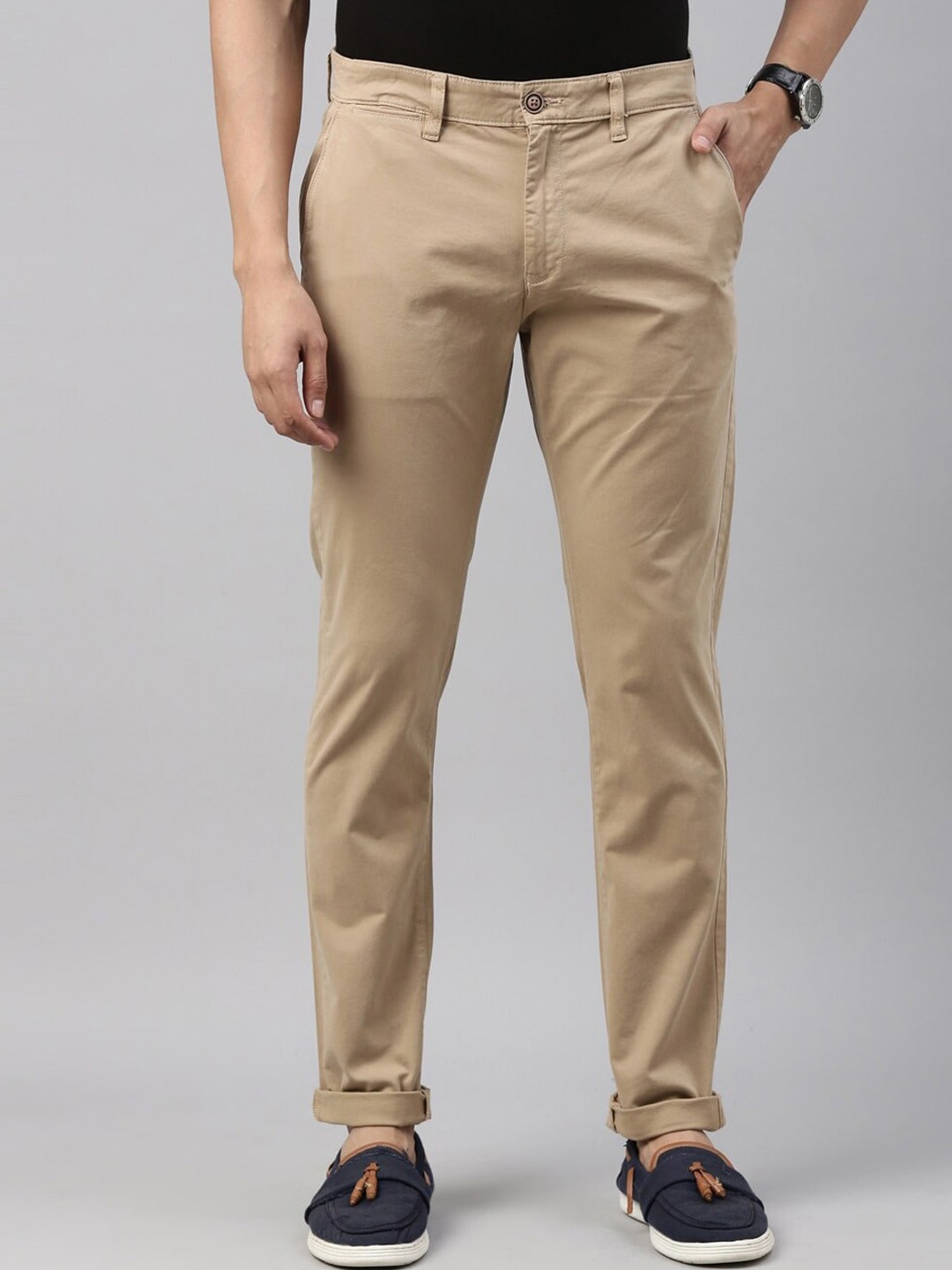 

American Bull Men Smart Slim Fit Cotton Chinos Trousers, Brown