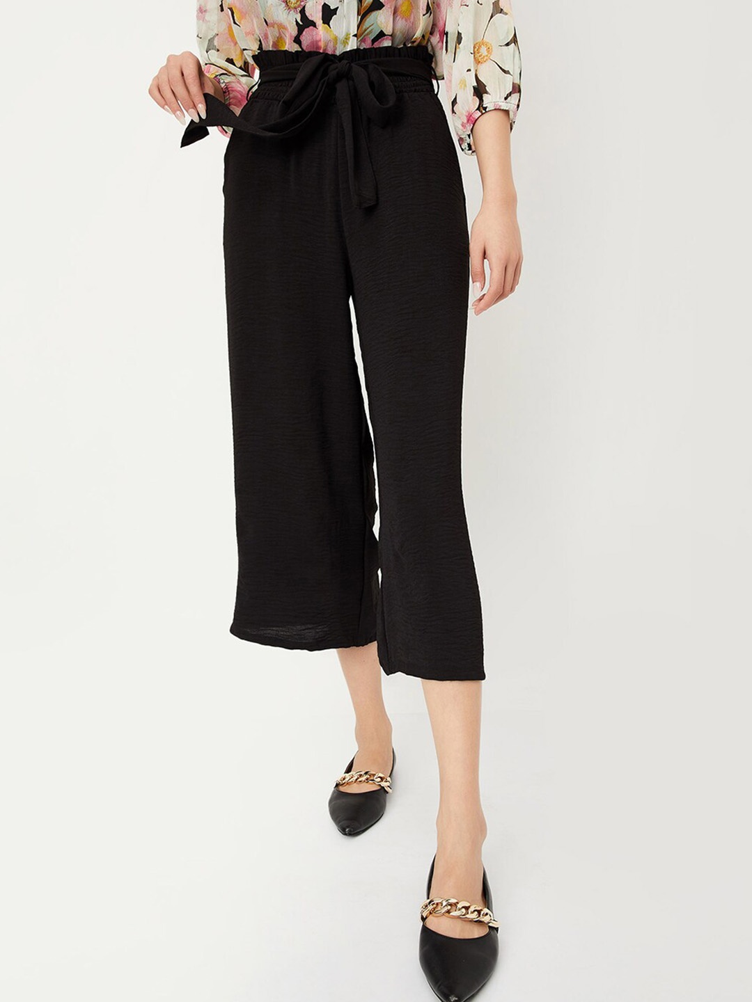 

max Women Plain Flat-Front Cropped Culottes Trousers, Black