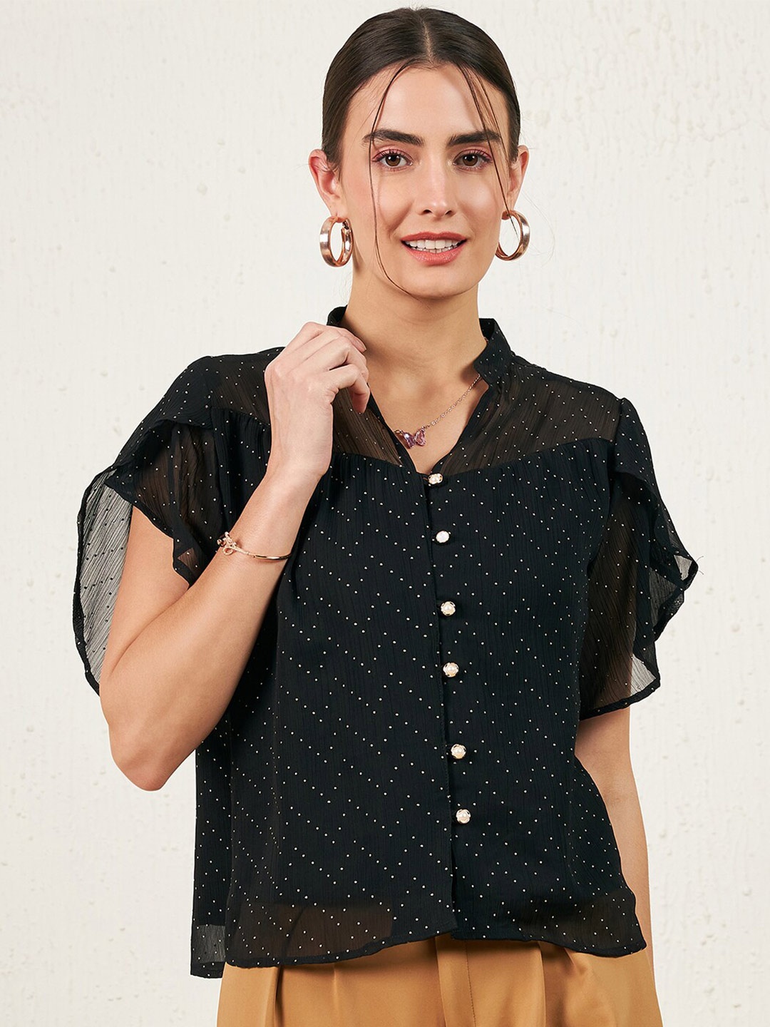 

Marie Claire Polka Dots Printed Flared Sleeves Chiffon Shirt Style Top, Black