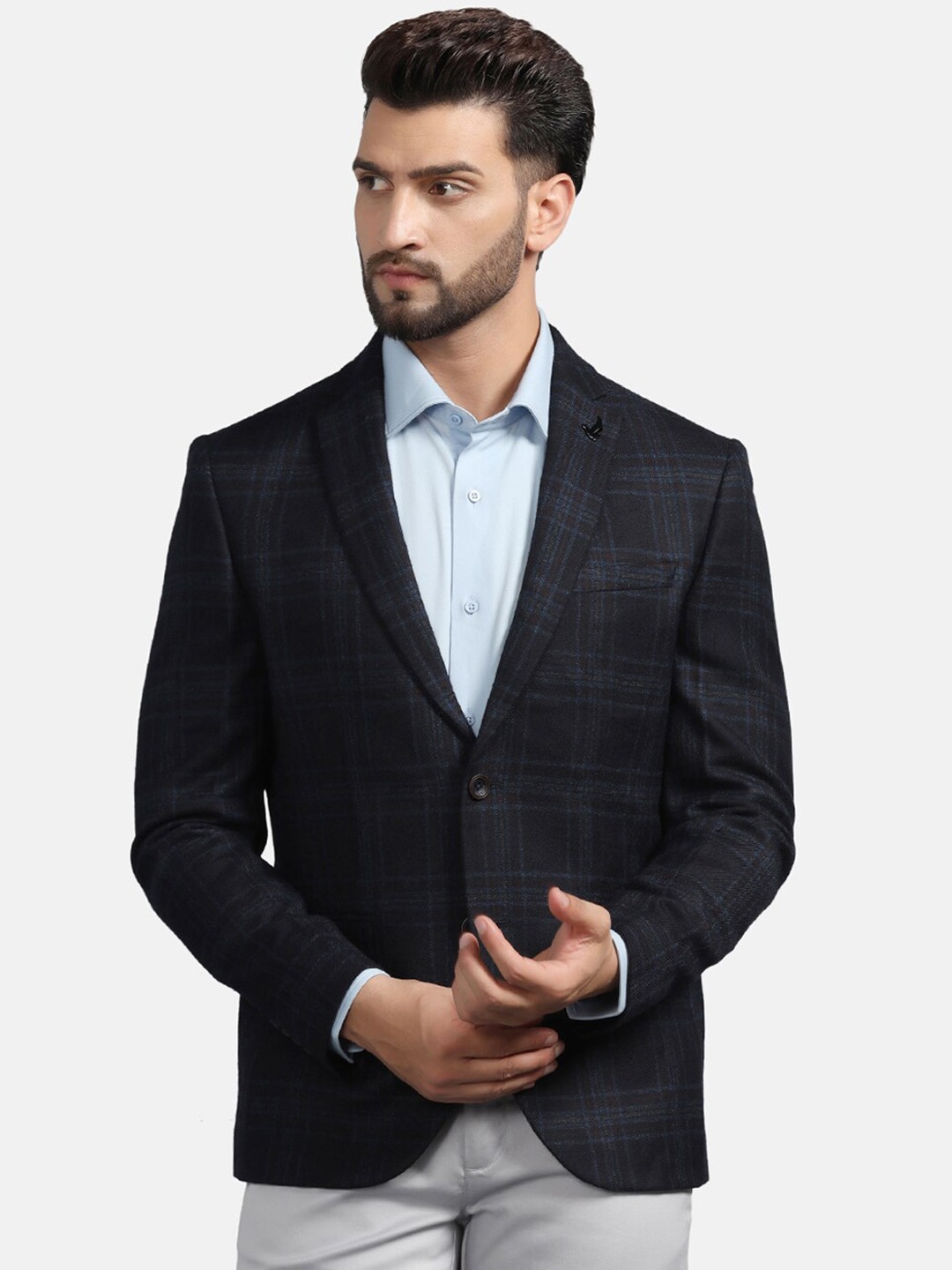

Blackberrys Checked Slim-Fit Single-Breasted Casual Blazer, Navy blue
