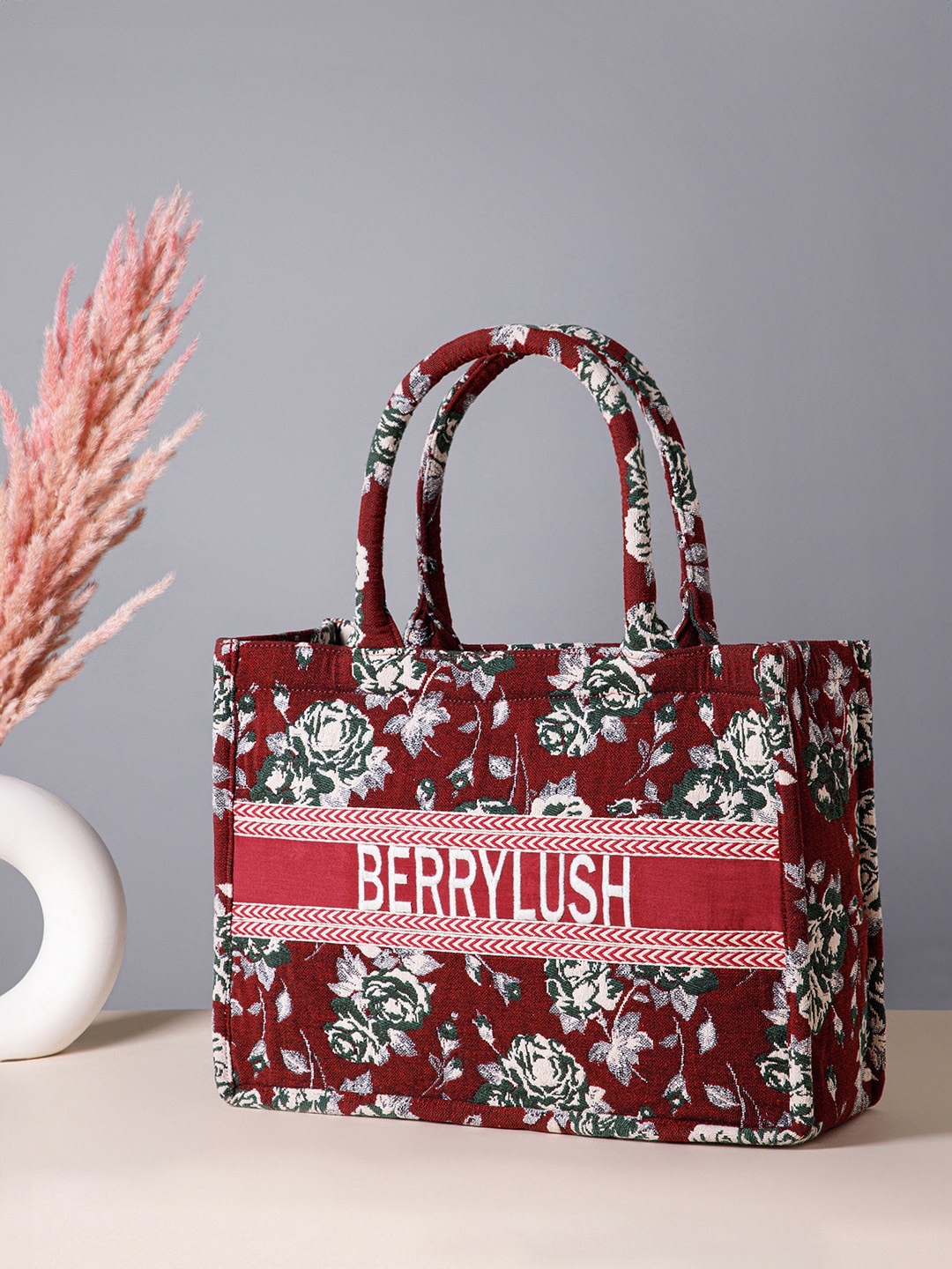 

Berrylush Maroon Floral Printed Structured Tote Bag