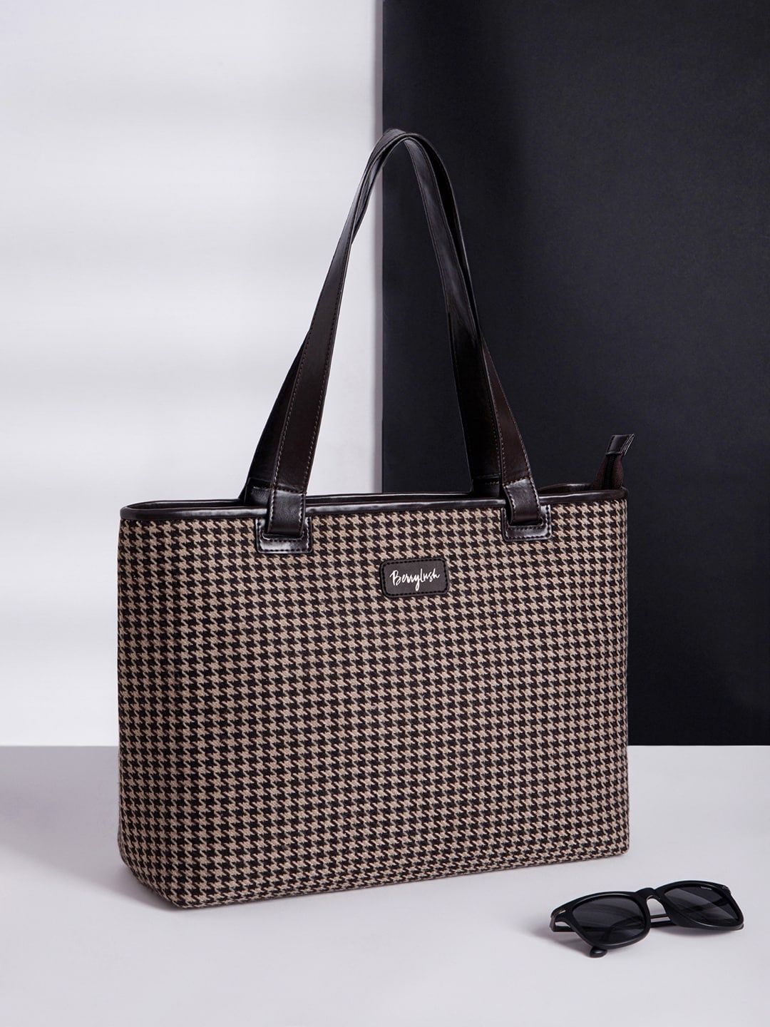 

Berrylush Brown Checked Structured Tote bag