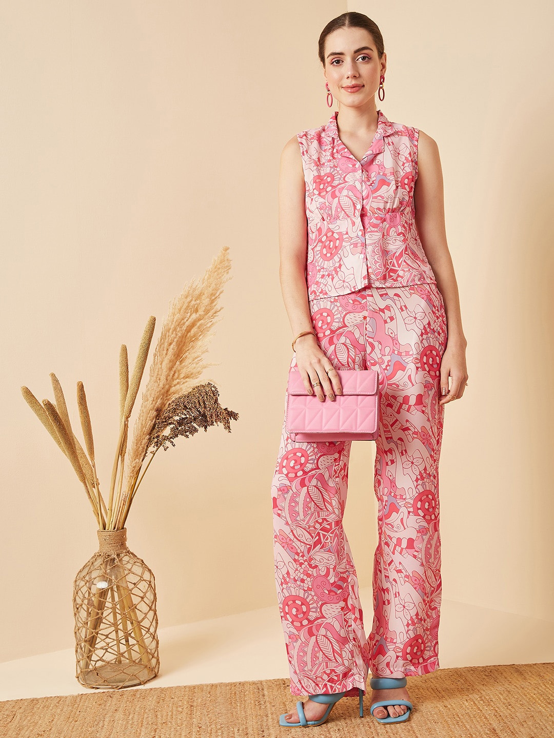 

Marie Claire Pink Printed Cuban Collar Sleeveless Top & Trousers