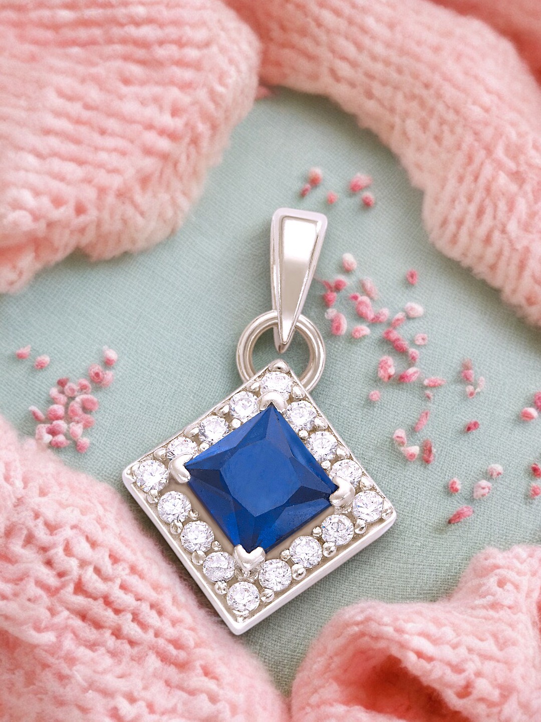 

Taraash 925 Sterling Silver & Cubic Zirconia Studded Sqaure Pendant, Blue