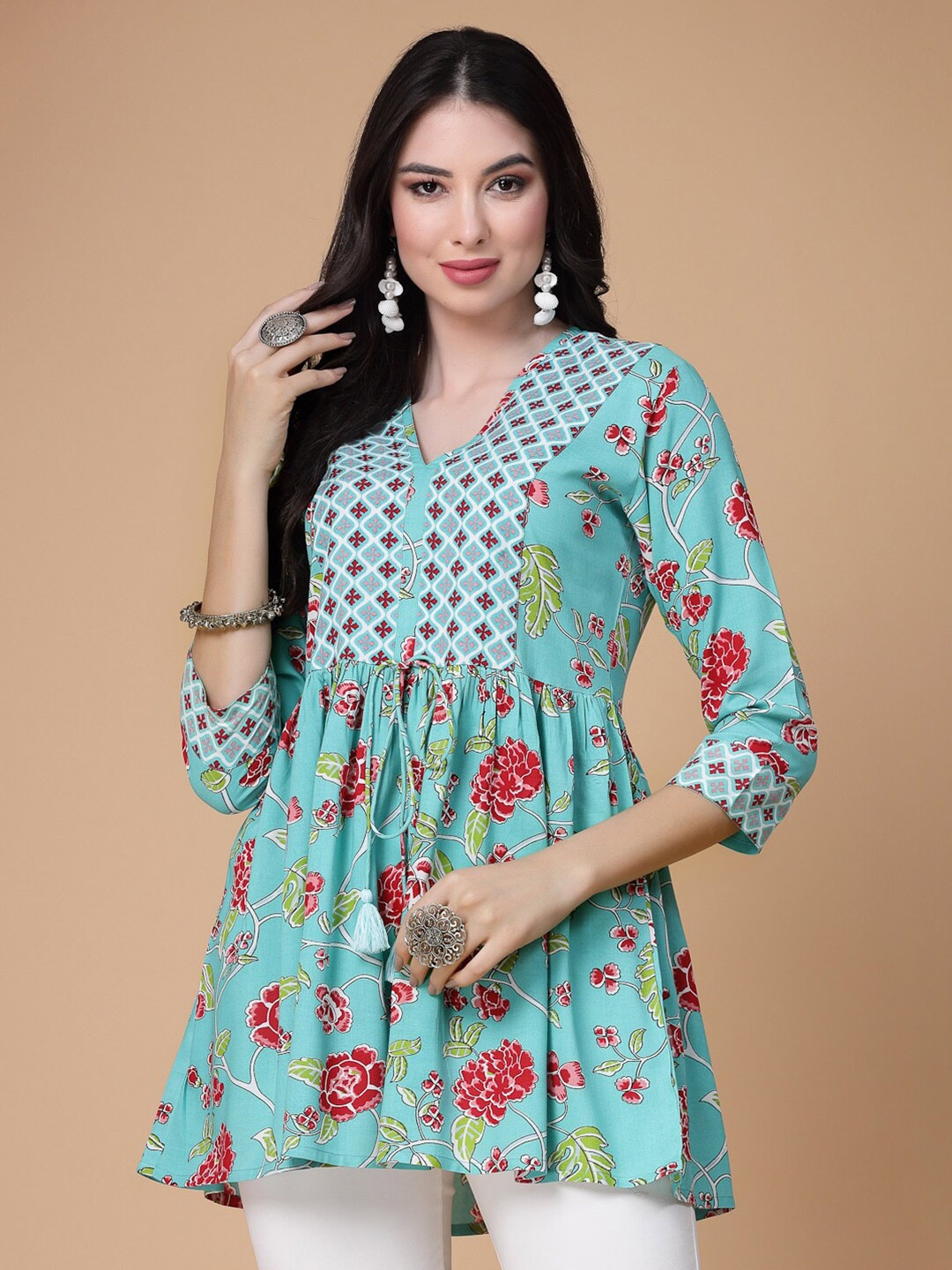 

God Bless Floral Printed Puff Sleeves V-Neck Peplum Top, Green