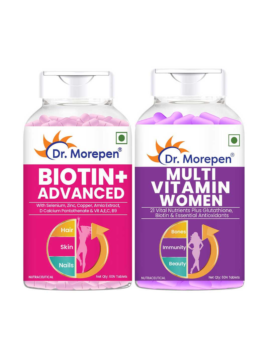 

Dr. Morepen Set Of 2 Biotin+ Advanced & Multivitamin Women Tablets - 60 Tablets Each, Purple
