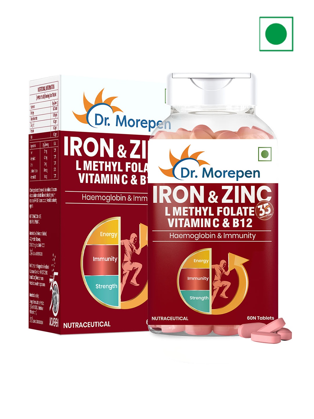 

Dr. Morepen Iron & Zinc Tablets With Vitamin C & B12 - 60 Tablets, Red