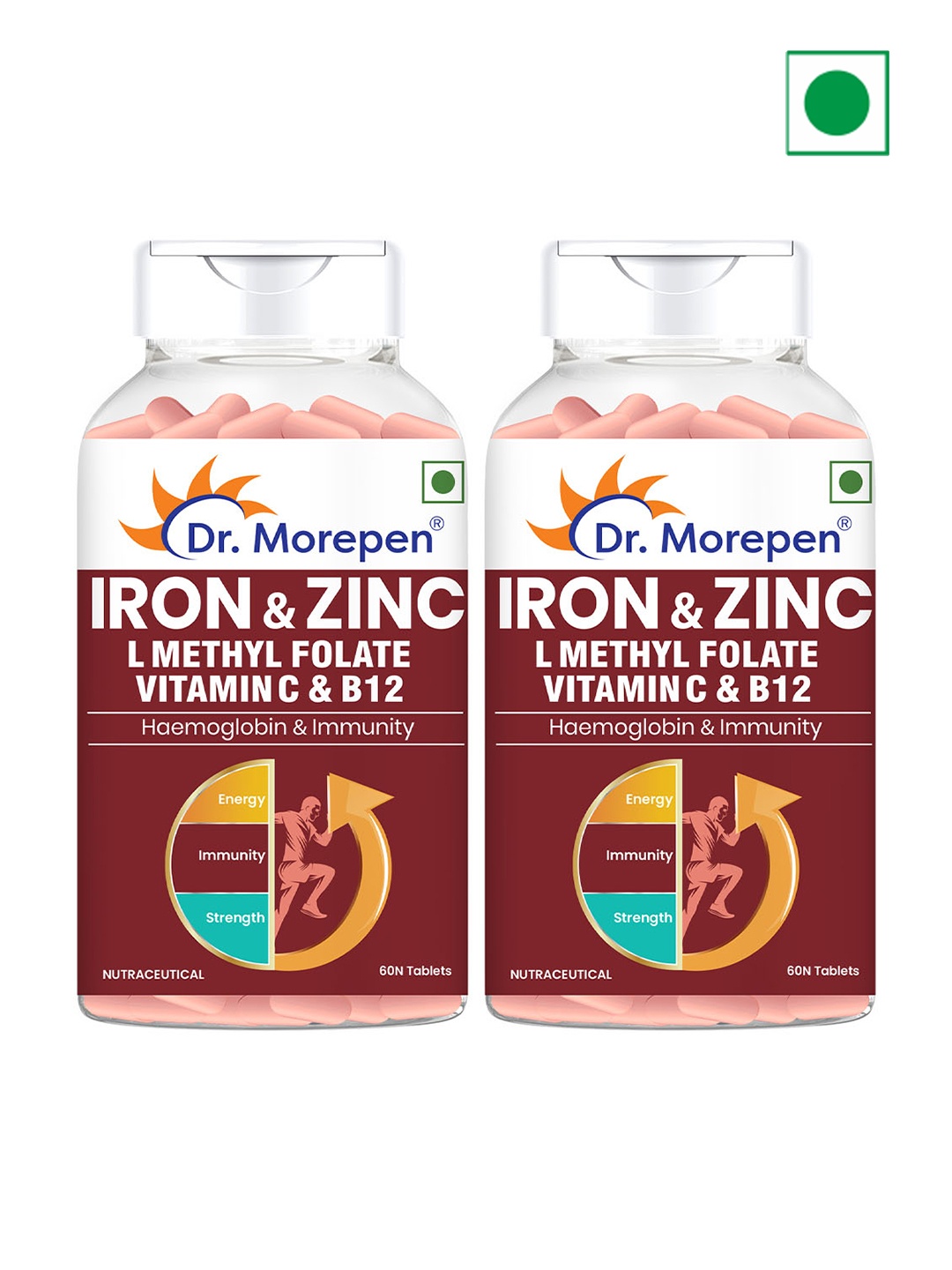 

Dr. Morepen Set Of 2 Iron & Zinc Tablets With Vitamin C & B12 - 60 Tablets Each, Red