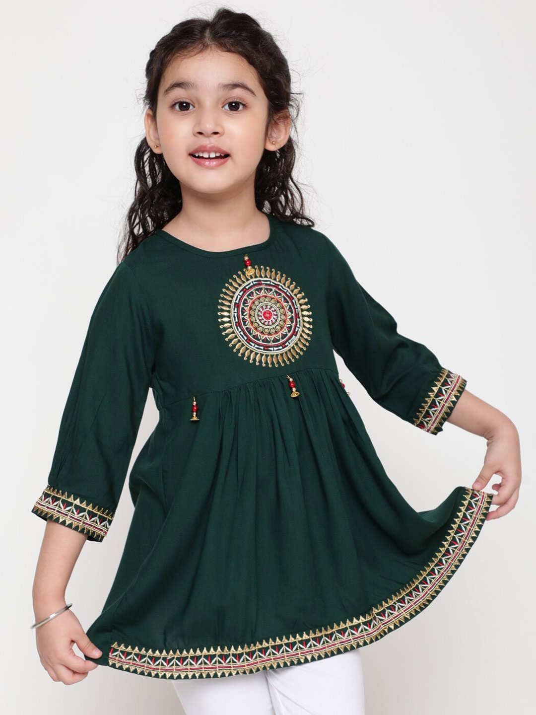 

BAESD Girls Ethnic Motifs Embroidered A-Line Top, Green