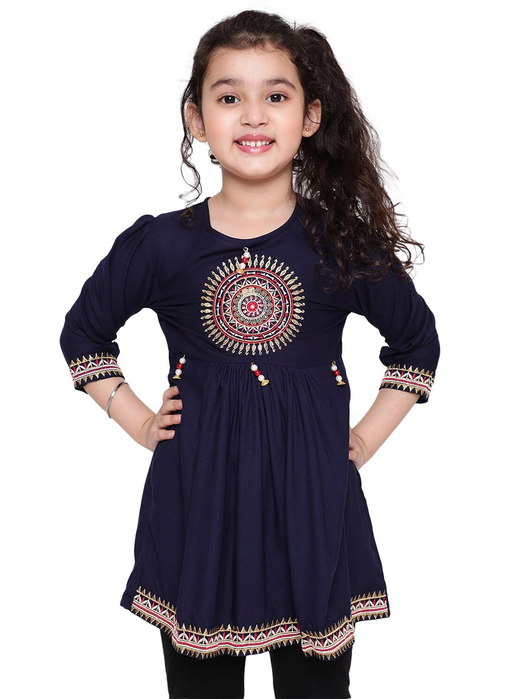 

BAESD Girls Ethnic Motifs Embroidered A-Line Top, Navy blue