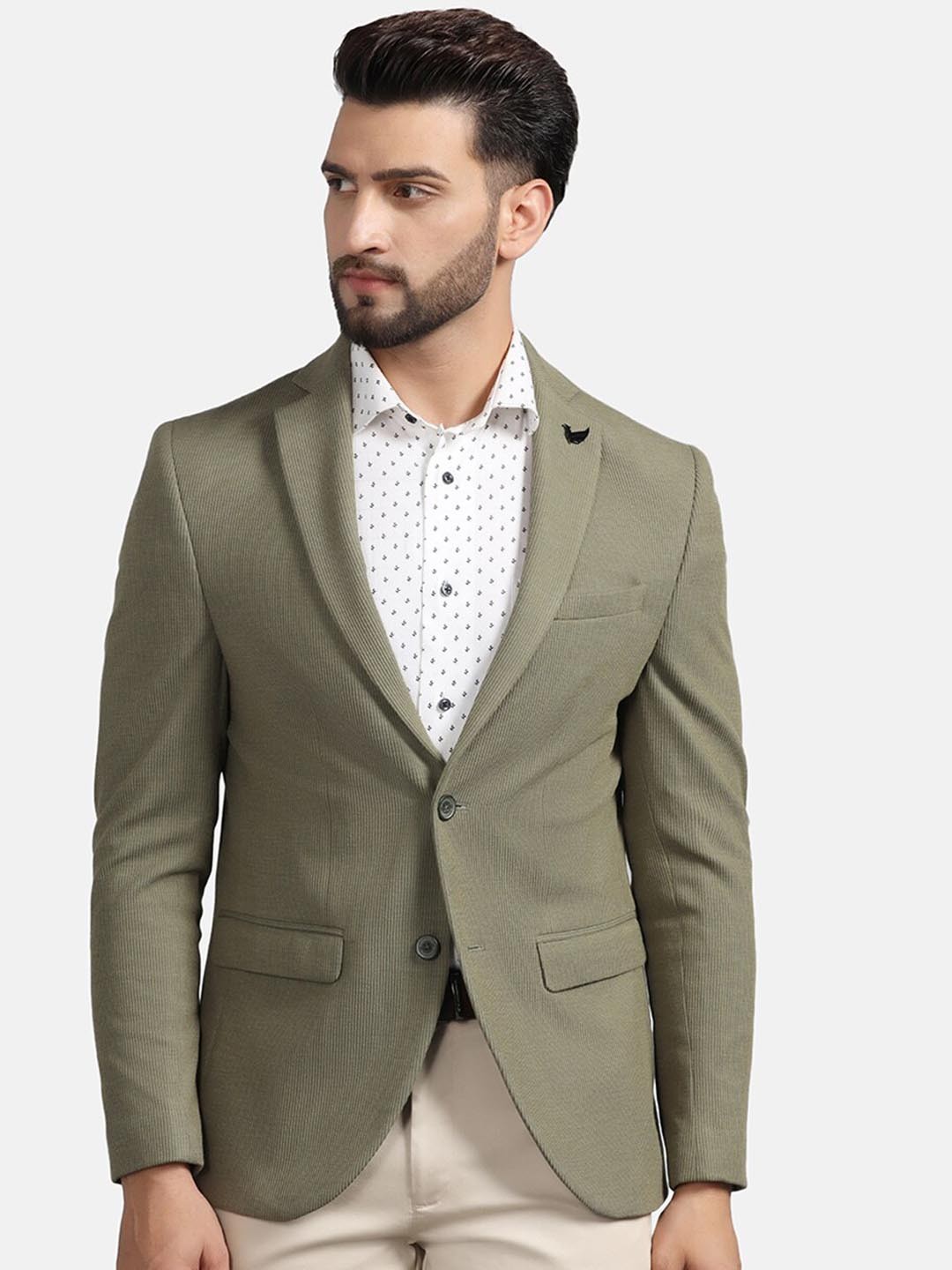

Blackberrys Striped-Knit Slim Fit Single-Breasted Blazer, Olive