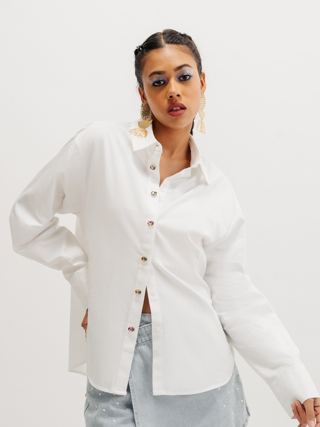 

FREAKINS Embellished Button Pure Cotton Casual Shirt, White
