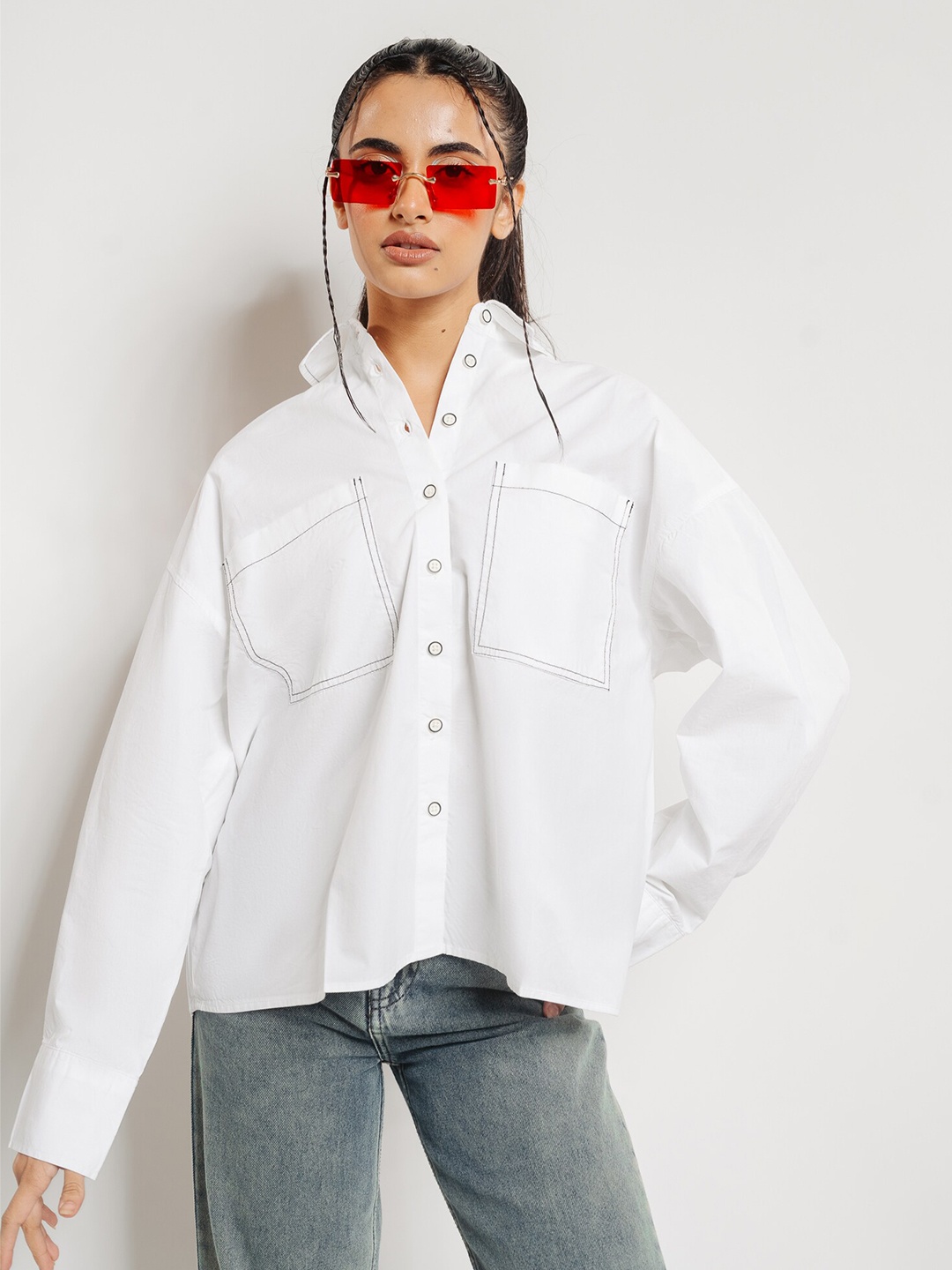 

FREAKINS Contrast Stitch Pure Cotton Casual Shirt, White