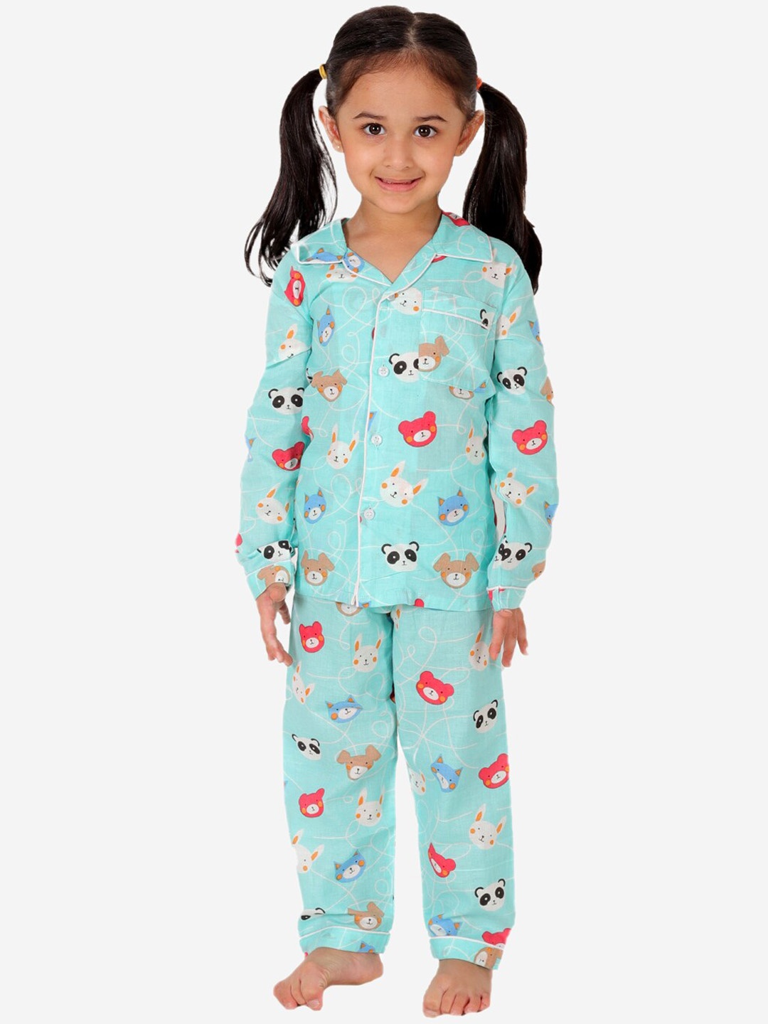 

Superminis Girls Graphic Printed Pure Cotton Shirt With Lounge Pant, Sea green