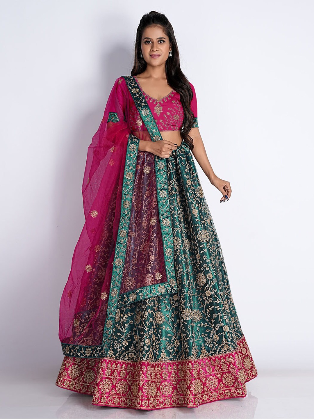 

HALFSAREE STUDIO Green & Embroidered Semi-Stitched Lehenga & Unstitched Blouse With Dupatta