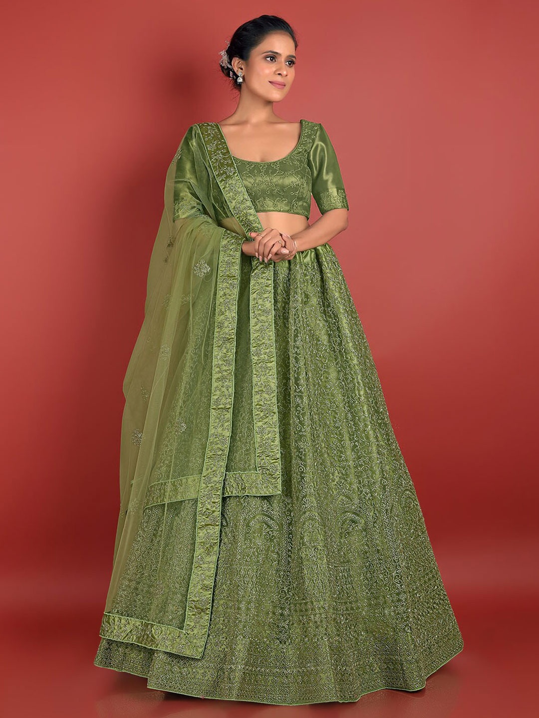 

HALFSAREE STUDIO Embroidered Semi-Stitched Net Lehenga & Unstitched Blouse With Dupatta, Olive