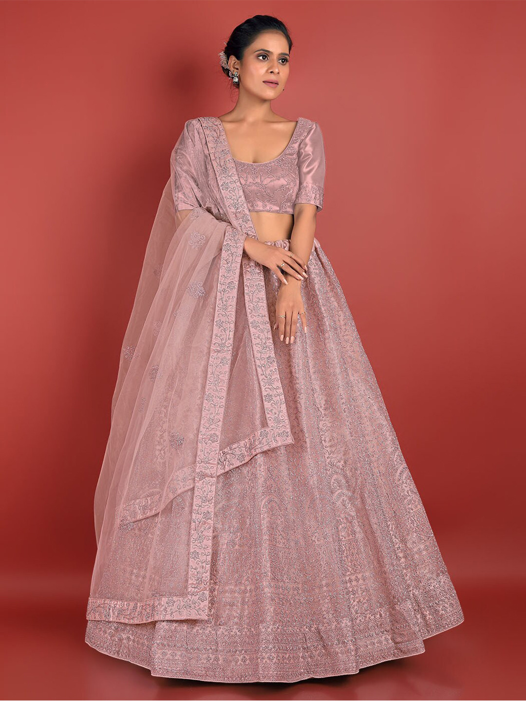 

HALFSAREE STUDIO Pink & Embroidered Semi-Stitched Lehenga & Unstitched Blouse With Dupatta