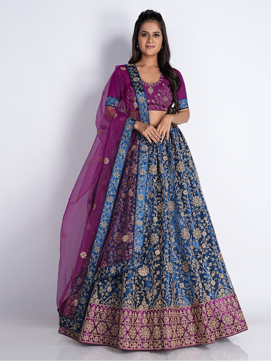 

HALFSAREE STUDIO Embroidered Semi-Stitched net Lehenga & Unstitched Blouse With Dupatta, Teal