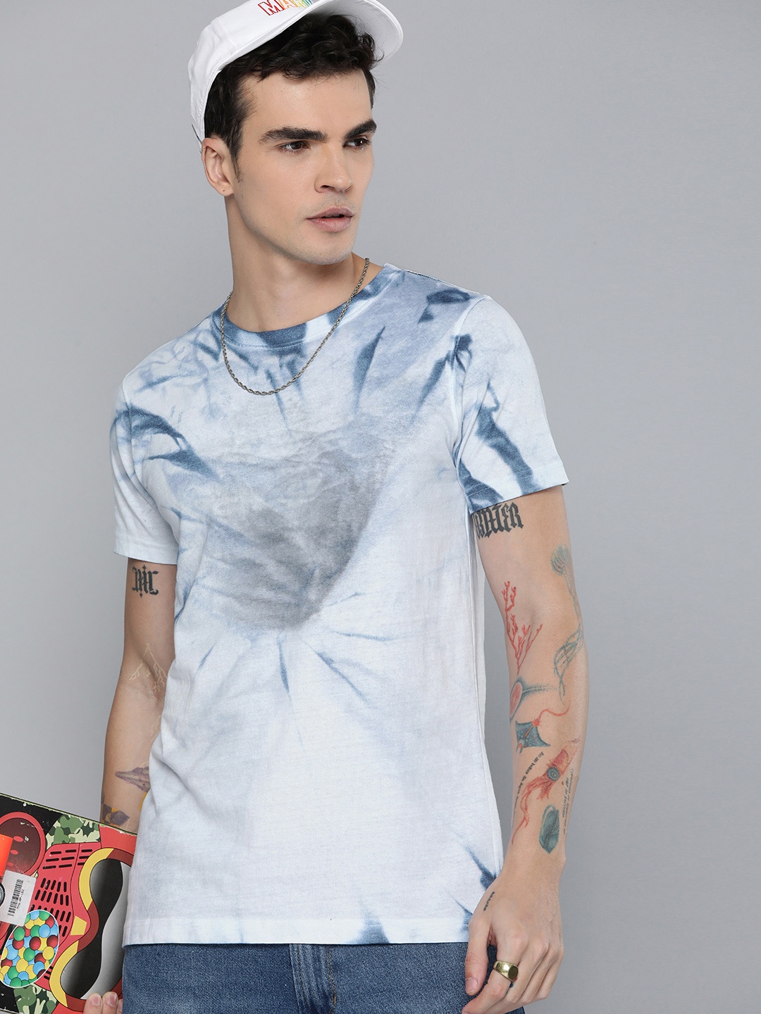 

R.Code by The Roadster Life Co. Men Tie & Dye Printed T-shirt, White