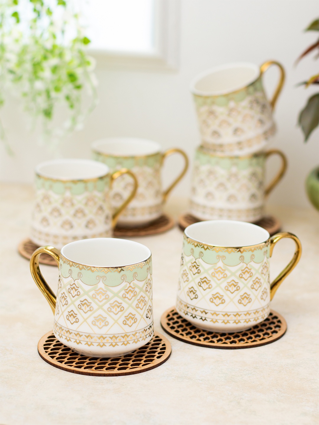 

CLAY CRAFT White & Gold Toned 6 Pieces Ethnic Motifs Printed Ceramic Tea Cups 200ml