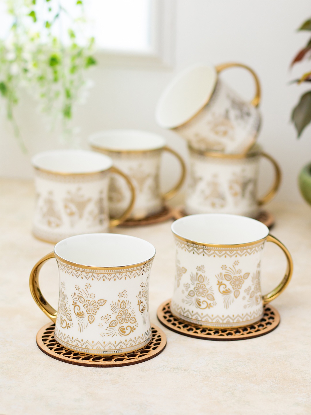 

CLAY CRAFT White & Gold Toned 6 Pieces Floral Printed Ceramic Tea Cups 220ml