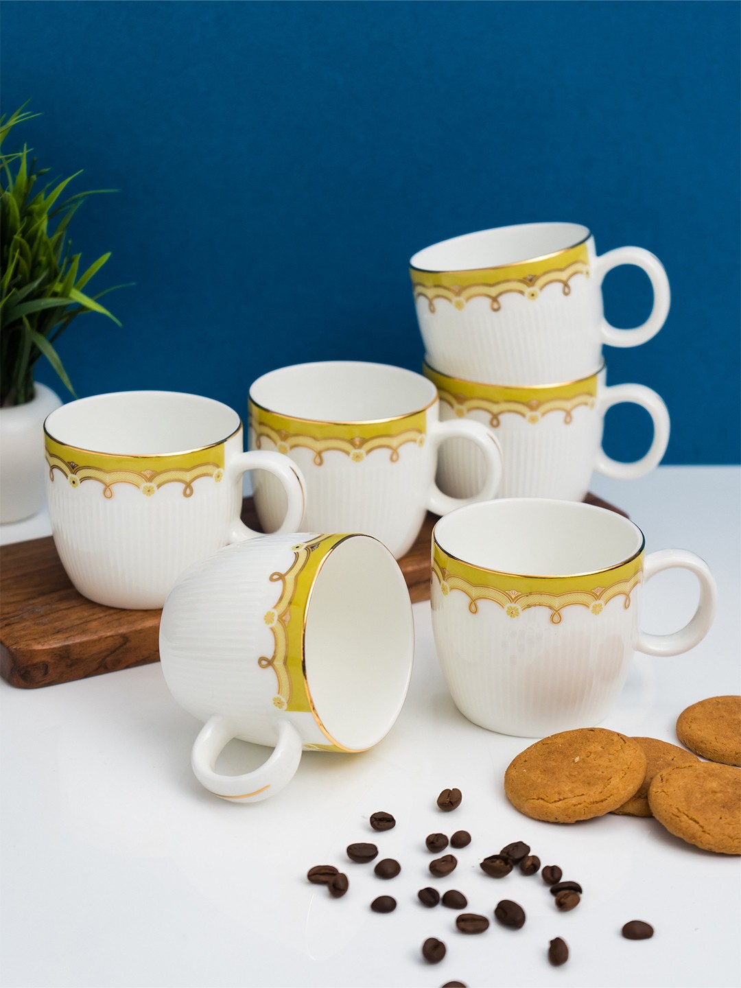 

CLAY CRAFT White & Gold-toned 6 Pieces Printed Ceramic Glossy Cups 200ml each