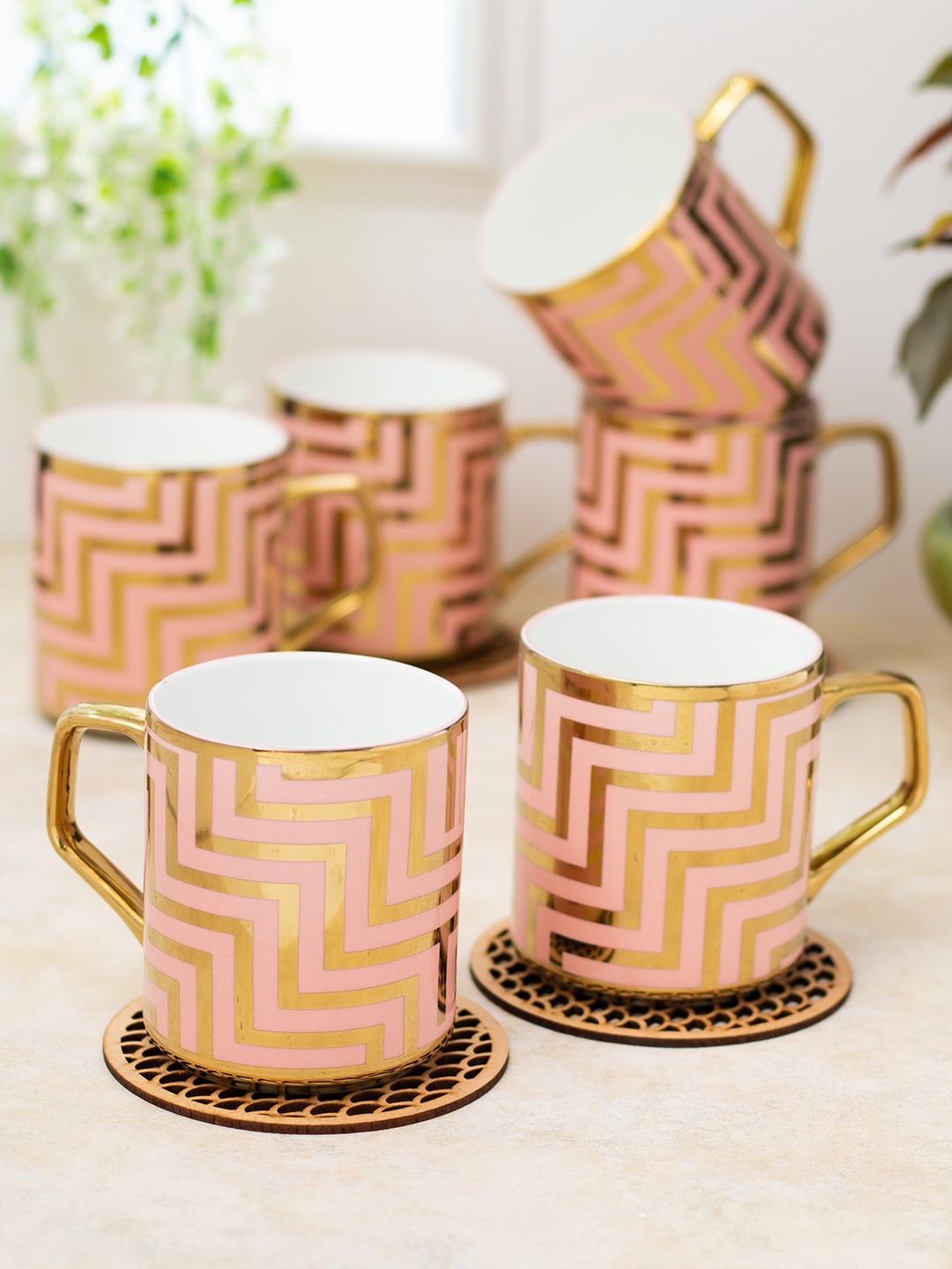 

CLAY CRAFT White & Pink 6 Pieces Printed Ceramic Tea Cups 200ml