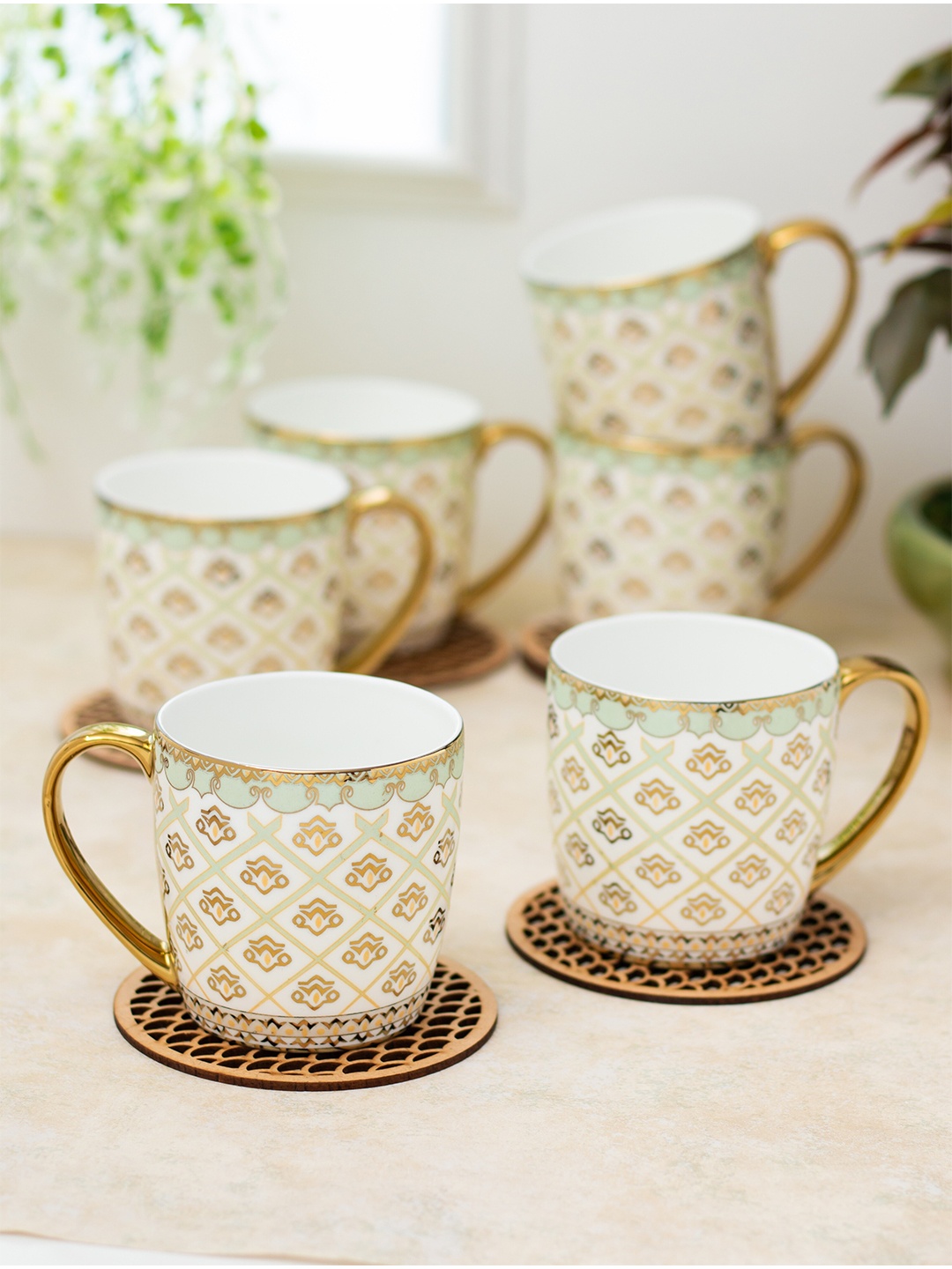 

CLAY CRAFT White & Gold Toned 6 Pieces Ethnic Motifs Printed Ceramic Tea Cups 200ml