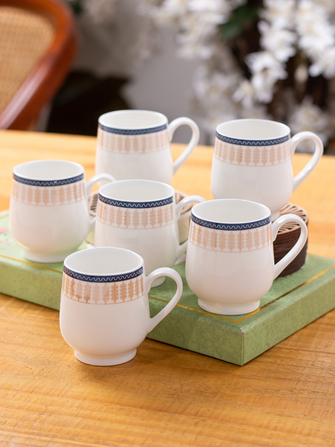 

CLAY CRAFT White & Navy Blue 6 Pieces Printed Ceramic Glossy Cups 200ml each